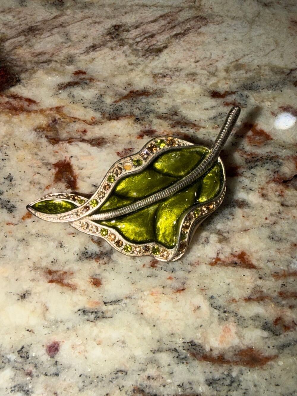Liz Claiborne Green Enamel Rhinestone Leaf Brooch